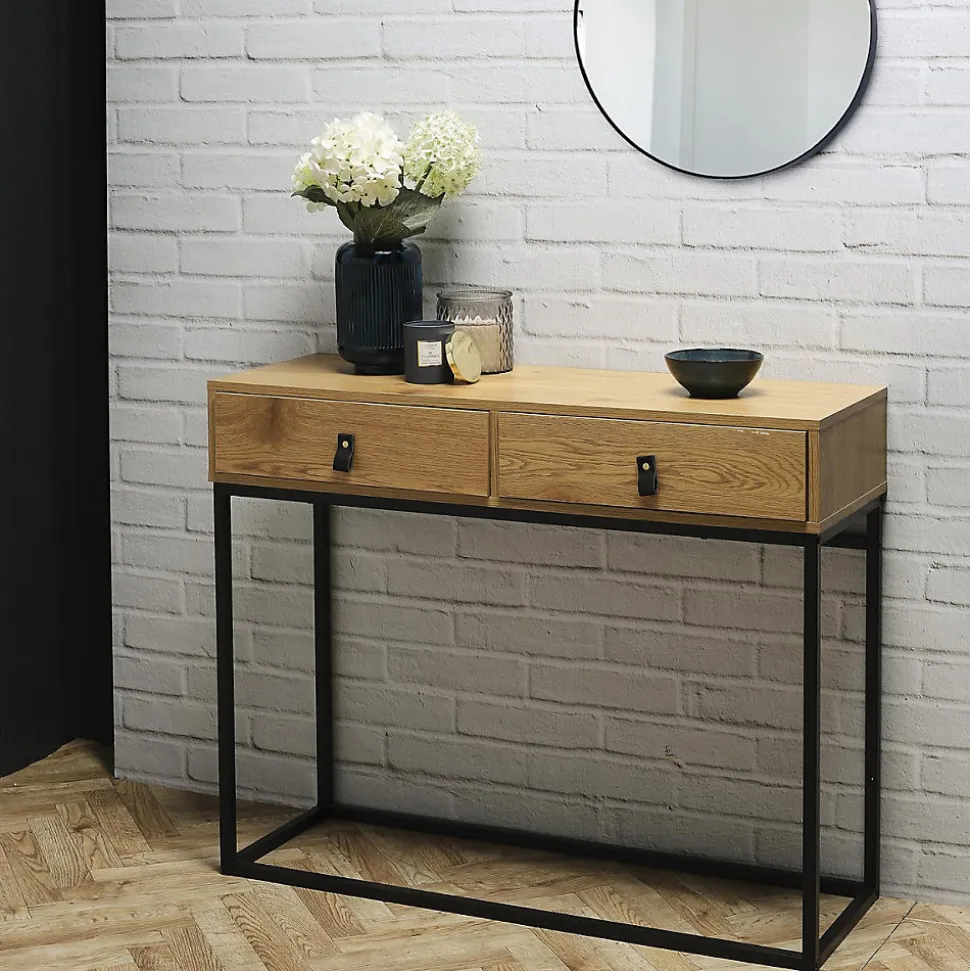 ABRIL - Console 2 Tiroirs Aspect Bois et Pieds Métal