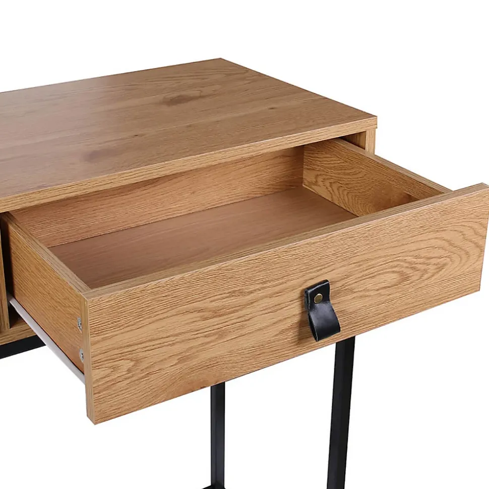 ABRIL - Console 2 Tiroirs Aspect Bois et Pieds Métal
