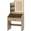 Afrodite - Coiffeuse avec lumière LED, tiroir, 3 étagères et prises, station de maquillage en bois taupe
