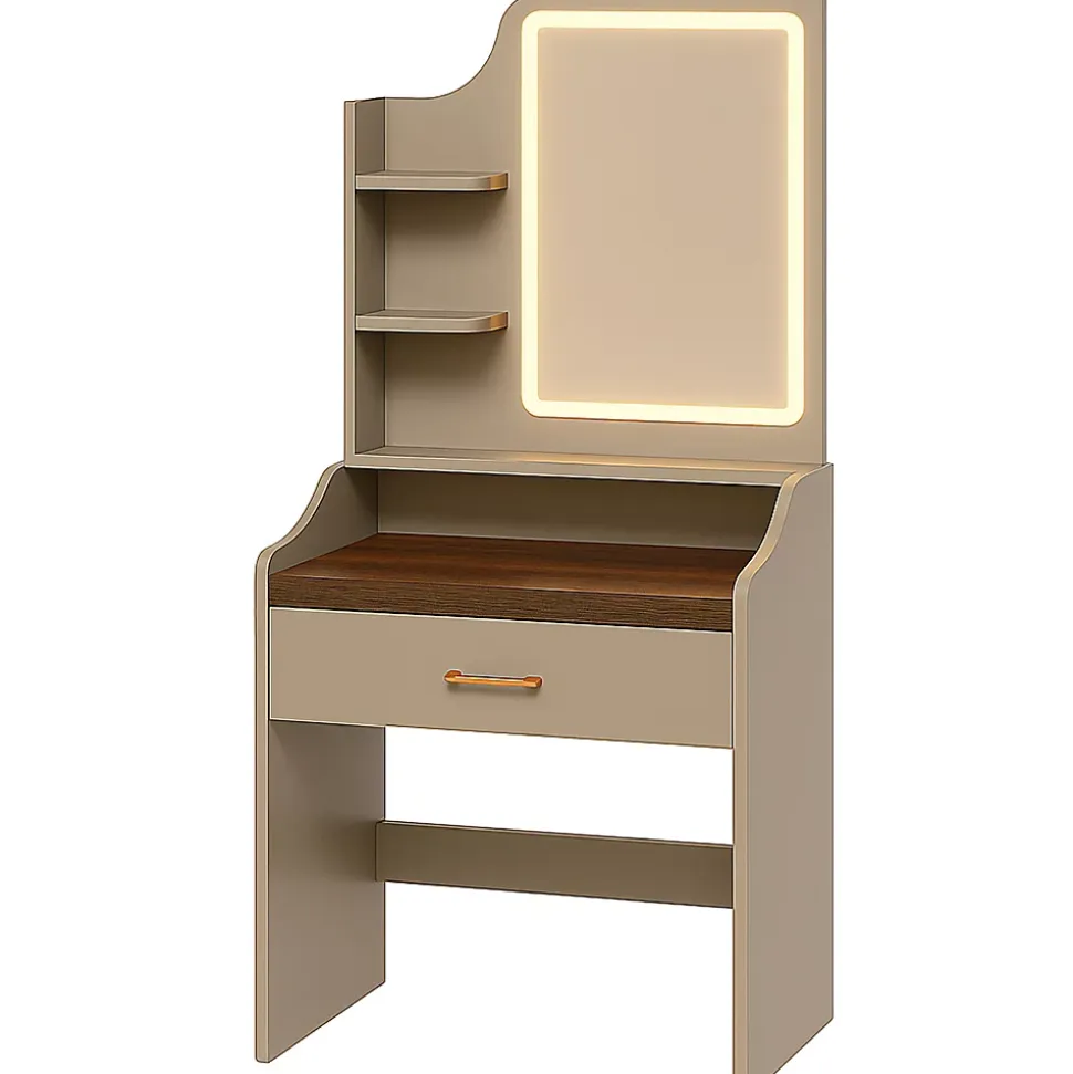 Afrodite - Coiffeuse avec lumière LED, tiroir, 3 étagères et prises, station de maquillage en bois taupe