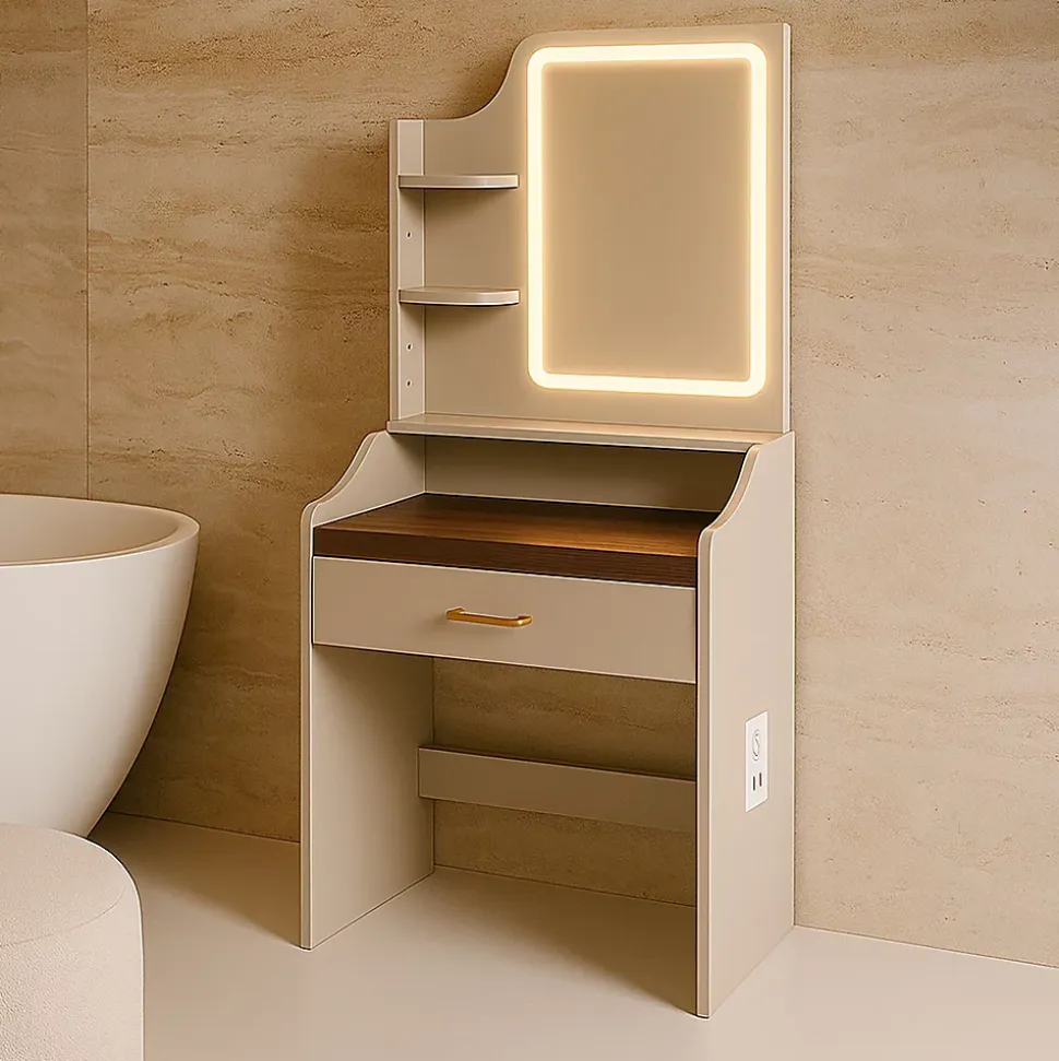 Afrodite - Coiffeuse avec lumière LED, tiroir, 3 étagères et prises, station de maquillage en bois taupe