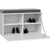 ALMORA - Meuble à chaussures - 4 niches + 2 coussins - 85x45x35 cm - Banc à chaussures - BLANC