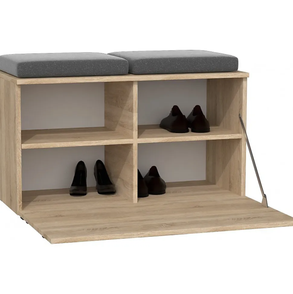 ALMORA - Meuble à chaussures - 4 niches + 2 coussins - 85x45x35 cm - Banc à chaussures - Chêne Sonoma