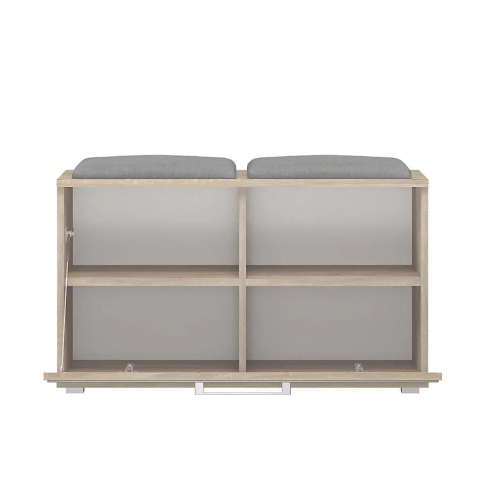 ALMORA - Meuble à chaussures - 4 niches + 2 coussins - 85x45x35 cm - Banc à chaussures - Chêne Sonoma