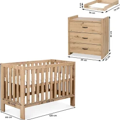 AMELIA II Ensemble bébé commode à langer et lit évolutif 120x60 Chêne sans tiroir