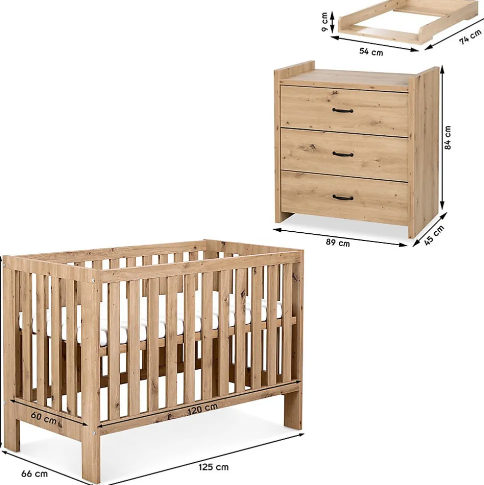 AMELIA II Ensemble bébé commode à langer et lit évolutif 120x60 Chêne sans tiroir
