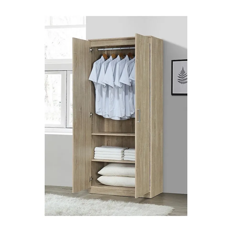 Armoire , Garde robe SAVIS, 2 portes, contemporaine chene Sonoma et poignées grises