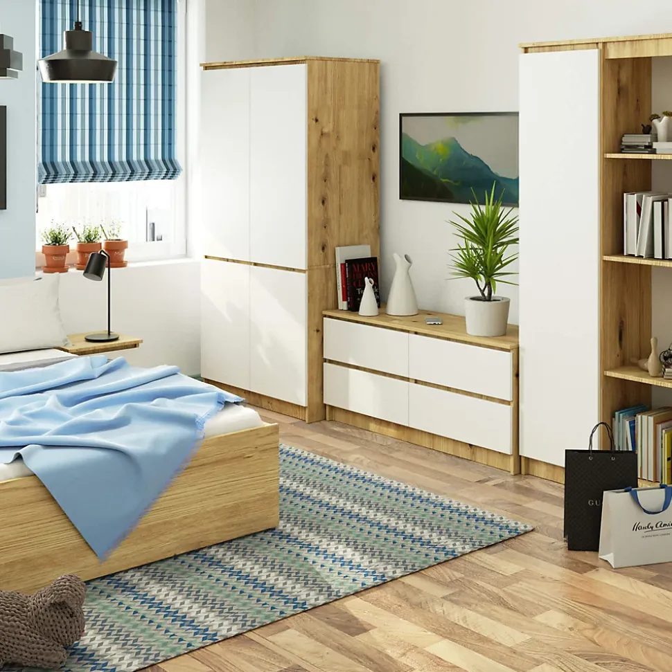 Armoire : 4 portes, 4 étagères, chêne artisanal/ blanc, 90 x 180 x 51 cm