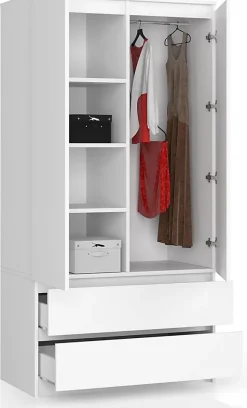 Armoire : 2 portes, 2 tiroirs, 90 x 180 x 51 cm, blanc