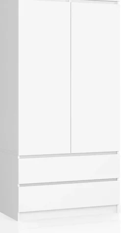Armoire : 2 portes, 2 tiroirs, 90 x 180 x 51 cm, blanc