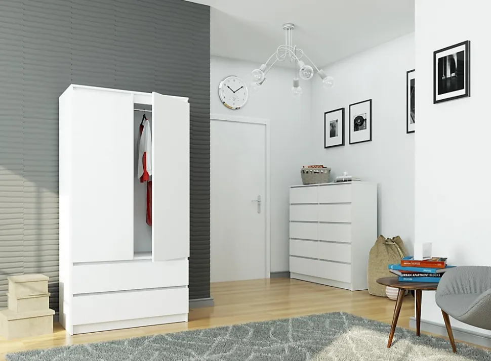 Armoire : 2 portes, 2 tiroirs, 90 x 180 x 51 cm, blanc