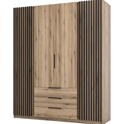 Armoire à 4 portes avec lamelles et 3 tiroirs 200 cm KAJA chêne evoke