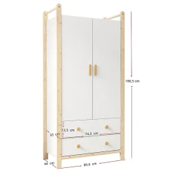 Armoire à 2 portes avec tringle et tiroirs,90x45x180cm,corps blanc et cadre pin,adaptée chambre salon vestiaire