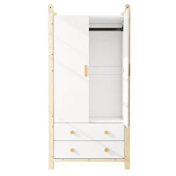 Armoire à 2 portes avec tringle et tiroirs,90x45x180cm,corps blanc et cadre pin,adaptée chambre salon vestiaire