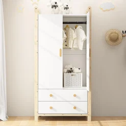 Armoire à 2 portes avec tringle et tiroirs,90x45x180cm,corps blanc et cadre pin,adaptée chambre salon vestiaire