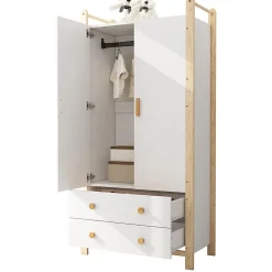 Armoire à 2 portes avec tringle et tiroirs,90x45x180cm,corps blanc et cadre pin,adaptée chambre salon vestiaire