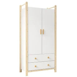 Armoire à 2 portes avec tringle et tiroirs,90x45x180cm,corps blanc et cadre pin,adaptée chambre salon vestiaire