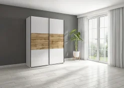 Armoire à 2 portes coulissante coloris Blanc brillant/Chêne wotan - Longueur 153,5 x Profondeur 60 x Hauteur 195,5 cm
