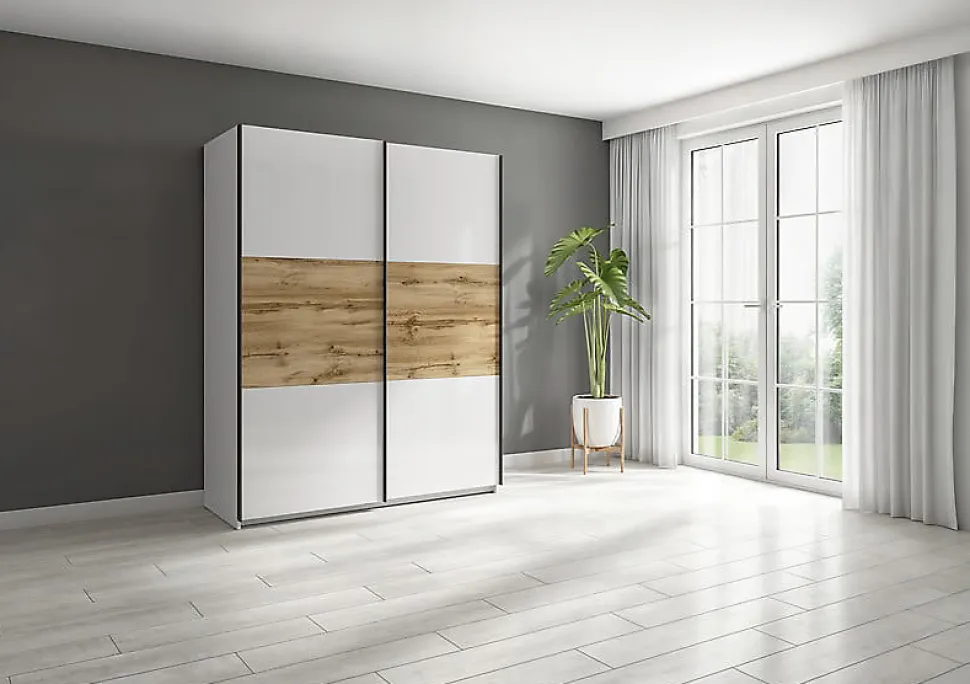 Armoire à 2 portes coulissante coloris Blanc brillant/Chêne wotan - Longueur 153,5 x Profondeur 60 x Hauteur 195,5 cm