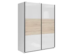 Armoire à 2 portes coulissante coloris Blanc brillant/Chêne sonoma - Longueur 153,5 x Profondeur 60 x Hauteur 195,5 cm