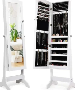Armoire à Bijoux avec Miroir Réglable Armoire à Bijoux sur Pieds Organiseur de Bijoux Verrouillable Blanc