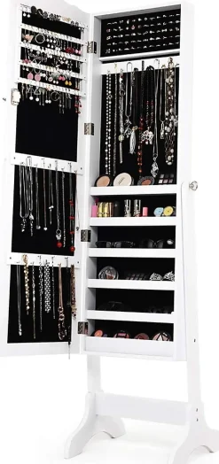 Armoire à Bijoux avec Miroir Réglable Armoire à Bijoux sur Pieds Organiseur de Bijoux Verrouillable Blanc
