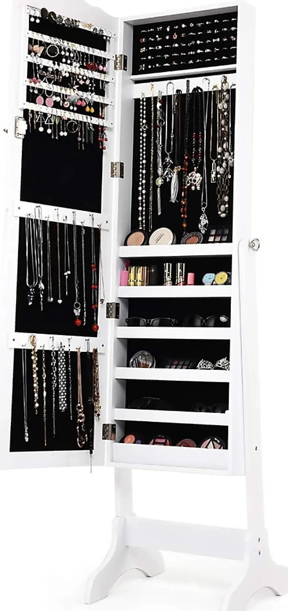 Armoire à Bijoux avec Miroir Réglable Armoire à Bijoux sur Pieds Organiseur de Bijoux Verrouillable Blanc