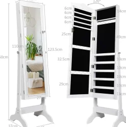 Armoire à Bijoux avec Miroir Réglable Armoire à Bijoux sur Pieds Organiseur de Bijoux Verrouillable Blanc