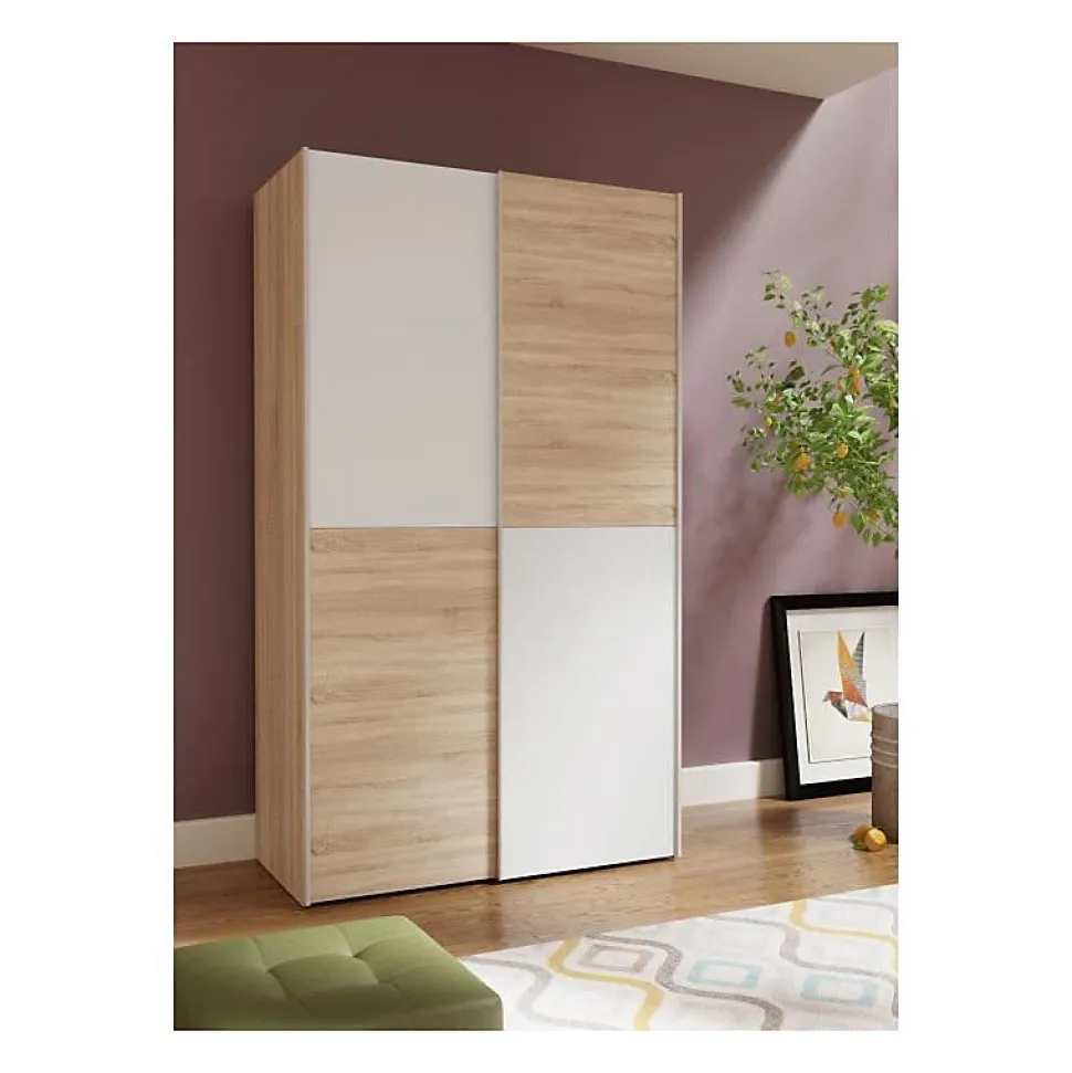 Armoire - Blanc mat et decor chene - 2 portes coulissantes - L 120 x P 61,2 x H 190,5 cm - OZZULA