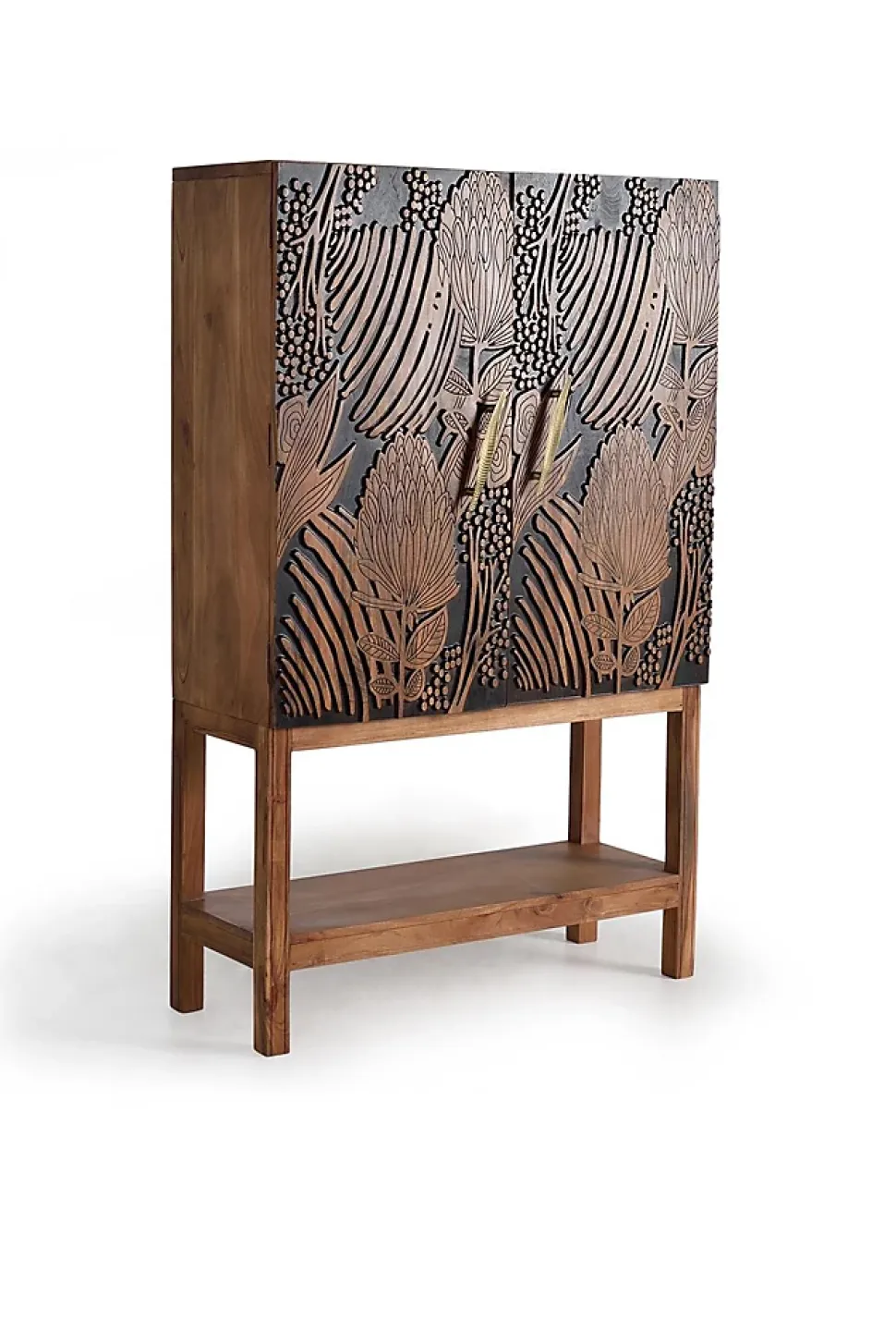 Armoire à bouteilles en bois d'acacia sculptée a main