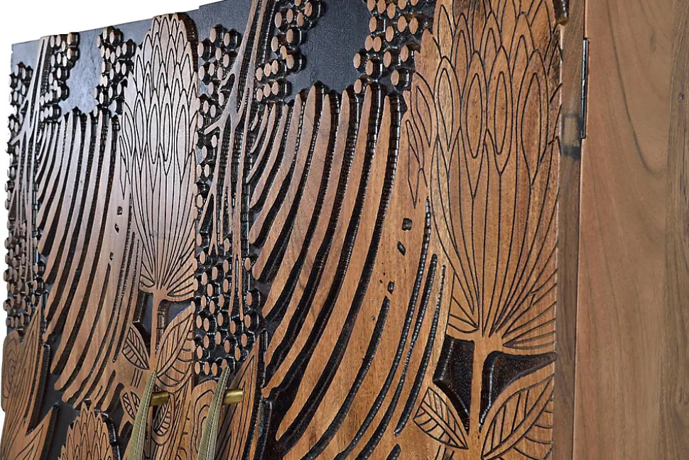 Armoire à bouteilles en bois d'acacia sculptée a main