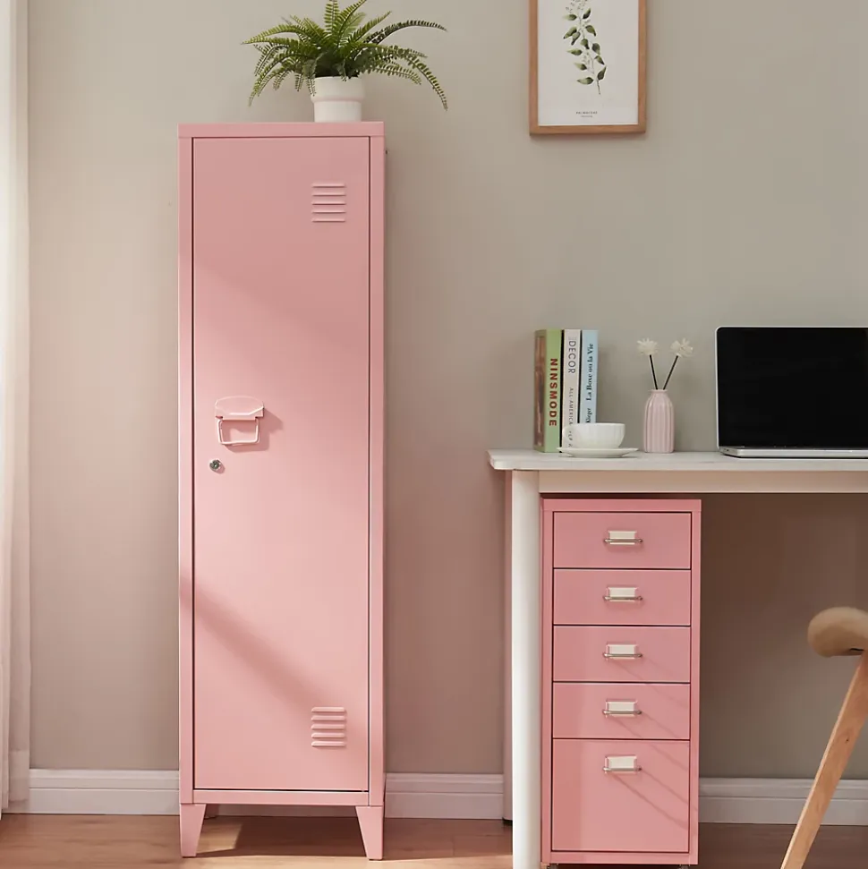 Armoire à casier Kurikka métallique vérouillable 137 x 38 x 38 cm rose en.casa