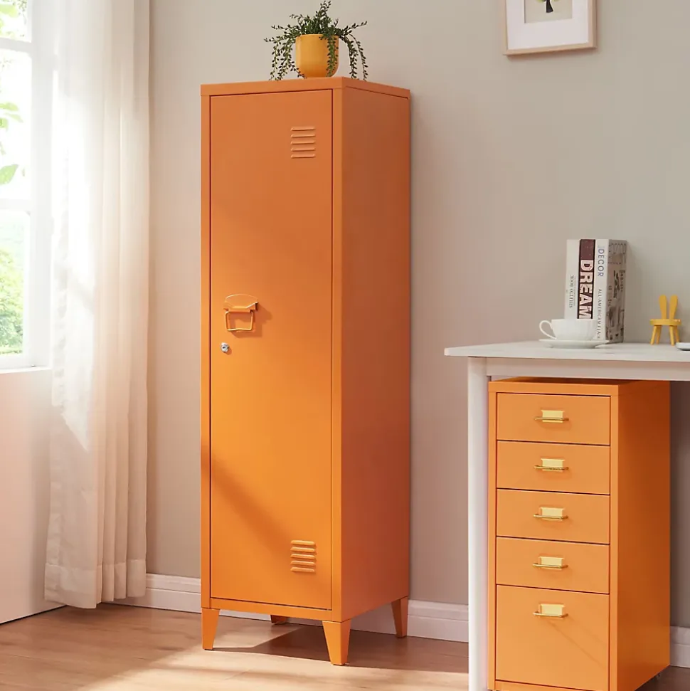 Armoire à casier Kurikka métallique vérouillable 137 x 38 x 38 cm orange en.casa