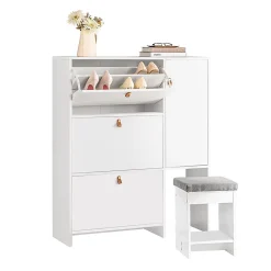 Armoire à Chaussures 3 abattants avec Tabouret à Chaussures, FSR107-W, SoBuy