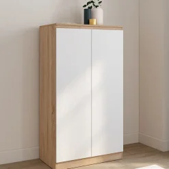 Armoire à chaussures 18 paires TOMI 2 portes façon hêtre et blanc