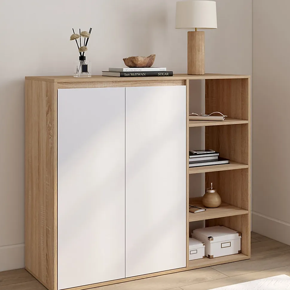 Armoire à chaussures 12 paires TOMI 2 portes avec 4 étagères façon hêtre et blanc