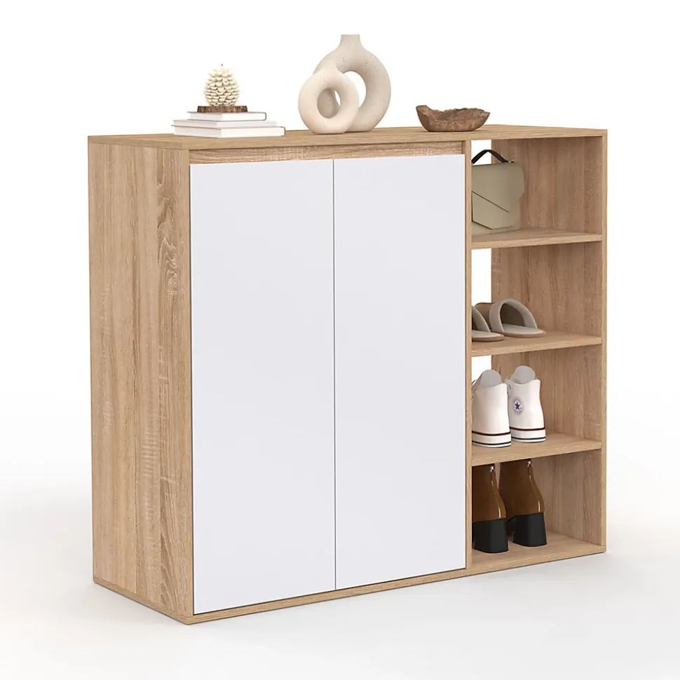 Armoire à chaussures 12 paires TOMI 2 portes avec 4 étagères façon hêtre et blanc