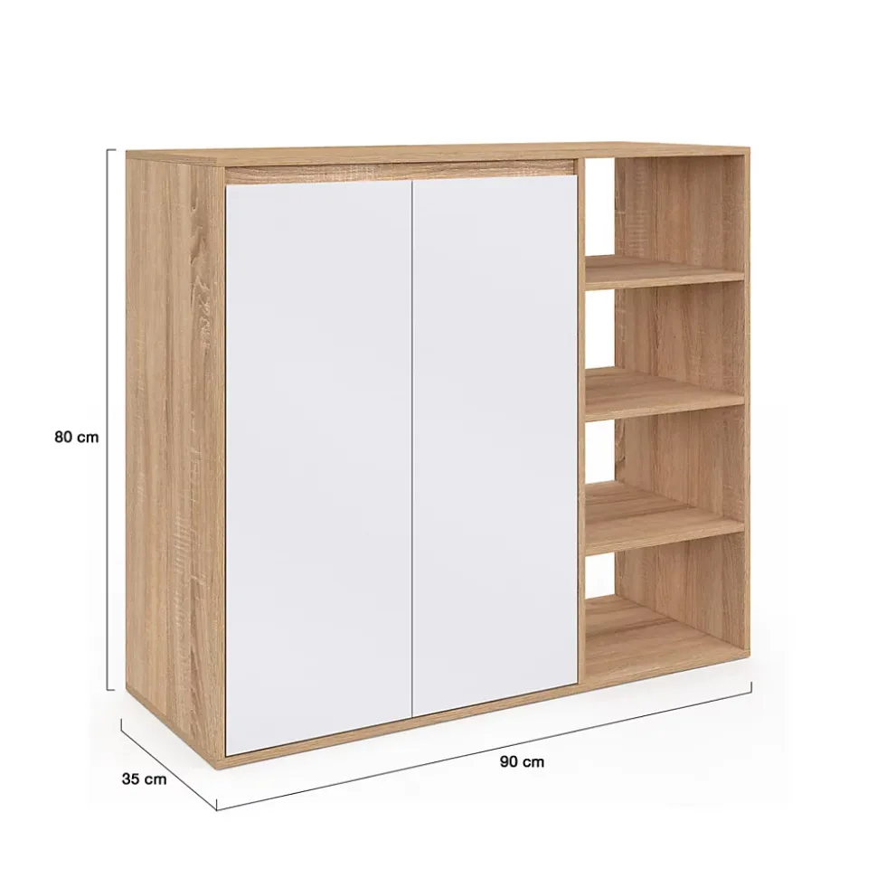 Armoire à chaussures 12 paires TOMI 2 portes avec 4 étagères façon hêtre et blanc