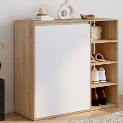 Armoire à chaussures 12 paires TOMI 2 portes avec 4 étagères façon hêtre et blanc