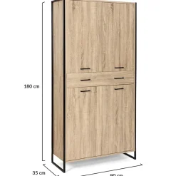 Armoire à chaussures 24 paires LUIS 4 portes avec tiroir design industriel H. 180 cm