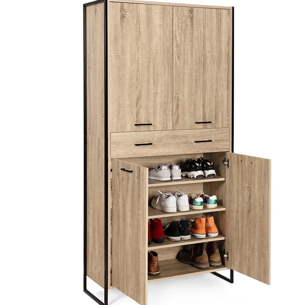 Armoire à chaussures 24 paires LUIS 4 portes avec tiroir design industriel H. 180 cm