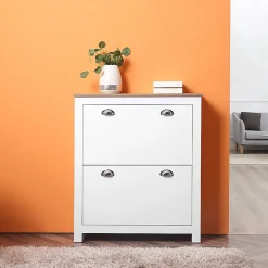 Armoire à chaussures 2 portes abattantes 2 compartiments poignées coquilles métal MDF blanc chêne clair