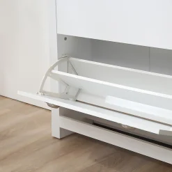 Armoire à chaussures 2 portes abattantes 2 compartiments poignées coquilles métal MDF blanc chêne clair