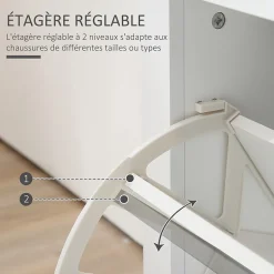 Armoire à chaussures 2 portes abattantes 2 compartiments poignées coquilles métal MDF blanc chêne clair