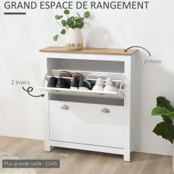 Armoire à chaussures 2 portes abattantes 2 compartiments poignées coquilles métal MDF blanc chêne clair