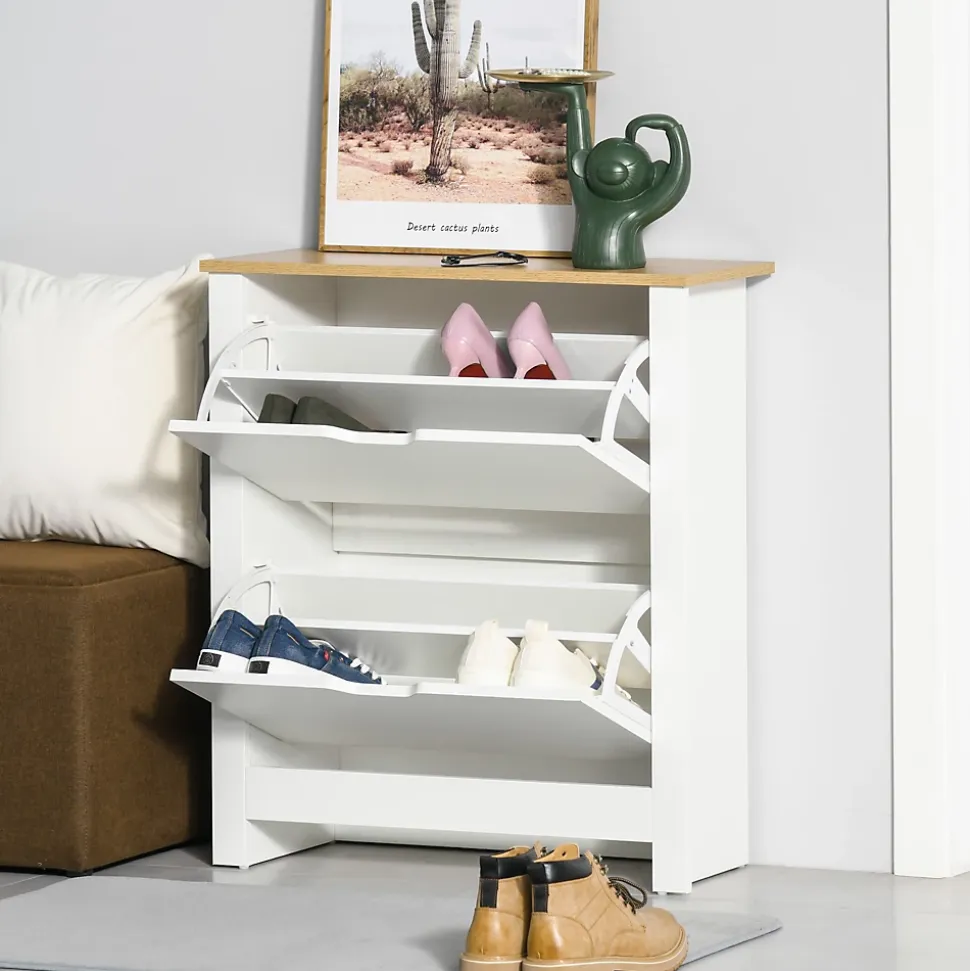 Armoire à chaussures 2 portes abattantes 2 compartiments panneaux particules blanc chêne