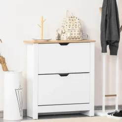 Armoire à chaussures 2 portes abattantes 2 compartiments panneaux particules blanc chêne