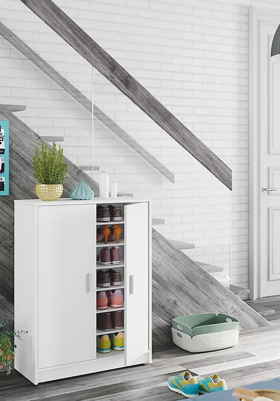 Armoire à Chaussures avec 2 portes coloris blanc - hauteur 101 x profondeur 36 x largeur 75 cm