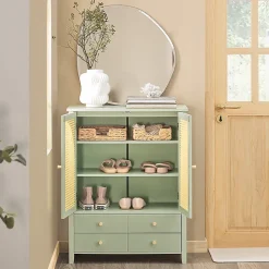 Armoire à Chaussures Buffet 4 Tiroirs 2 Portes en Ploy Rotin, FSB72-GR, SoBuy