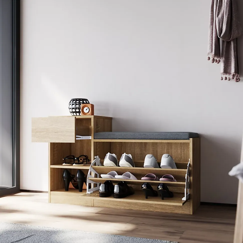 Armoire à Chaussures d'Entrée Blanc SIRHONA 94.5x30x57cm Semi-Ouvert Rangement de Meubles Porte à Abattant avec 1 Tiroir